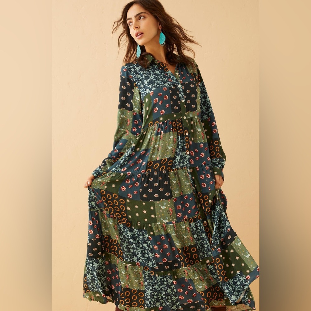 Bohera Julianna Colorblock Green Drop Waist Button Up Tiered Boho Maxi Dress S